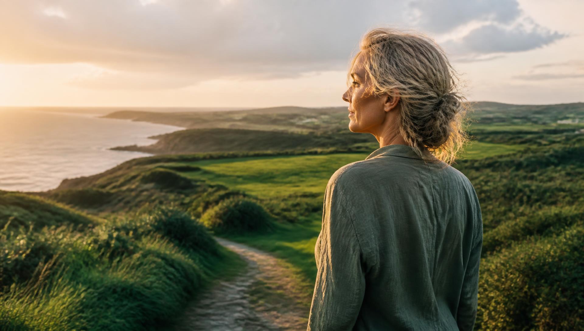 Mulher madura contemplando uma paisagem natural ao entardecer